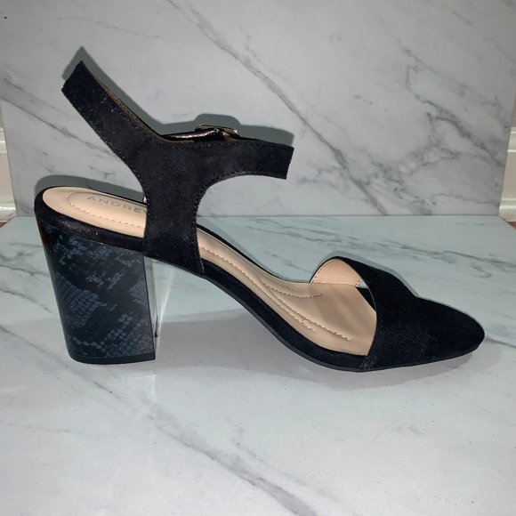 NIB ANDREW GELLER Black Marble-Look Heel Sandals - Picture 2 of 5